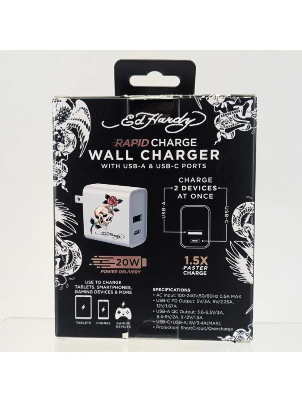 Ed Hardy Rapid Phone Wall Charger White Skull Flower USB-A & C Ports NIB